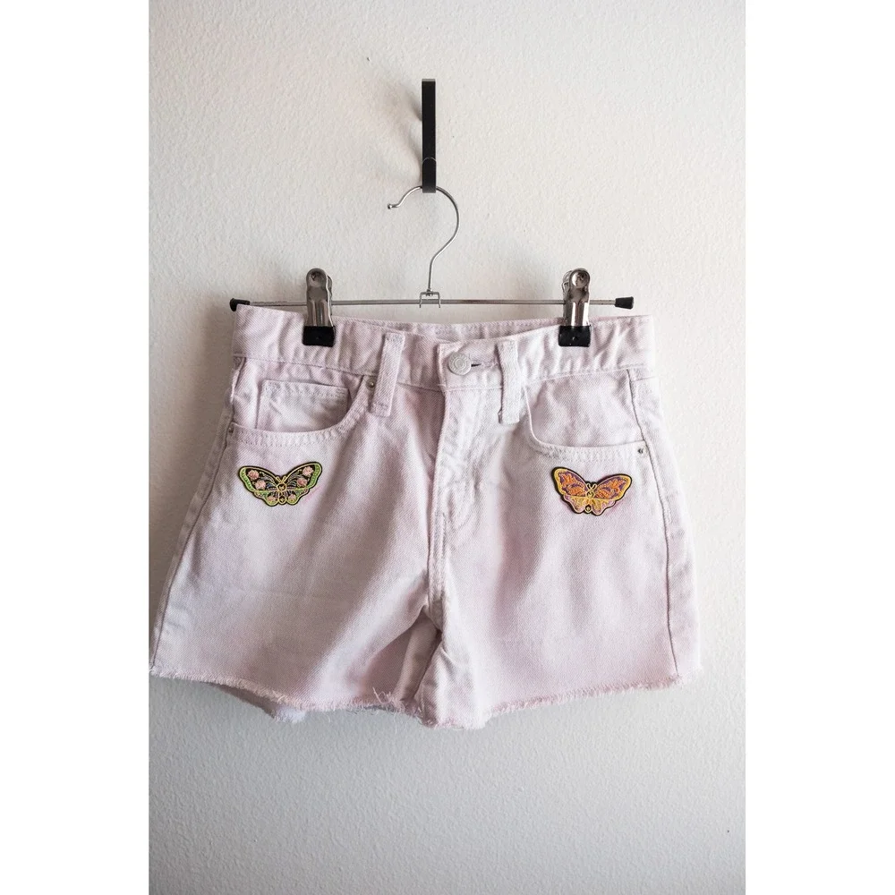 Old Navy Girls Light Pink Denim Butterfly Moth Patch Upcycled Cutoff Shorts